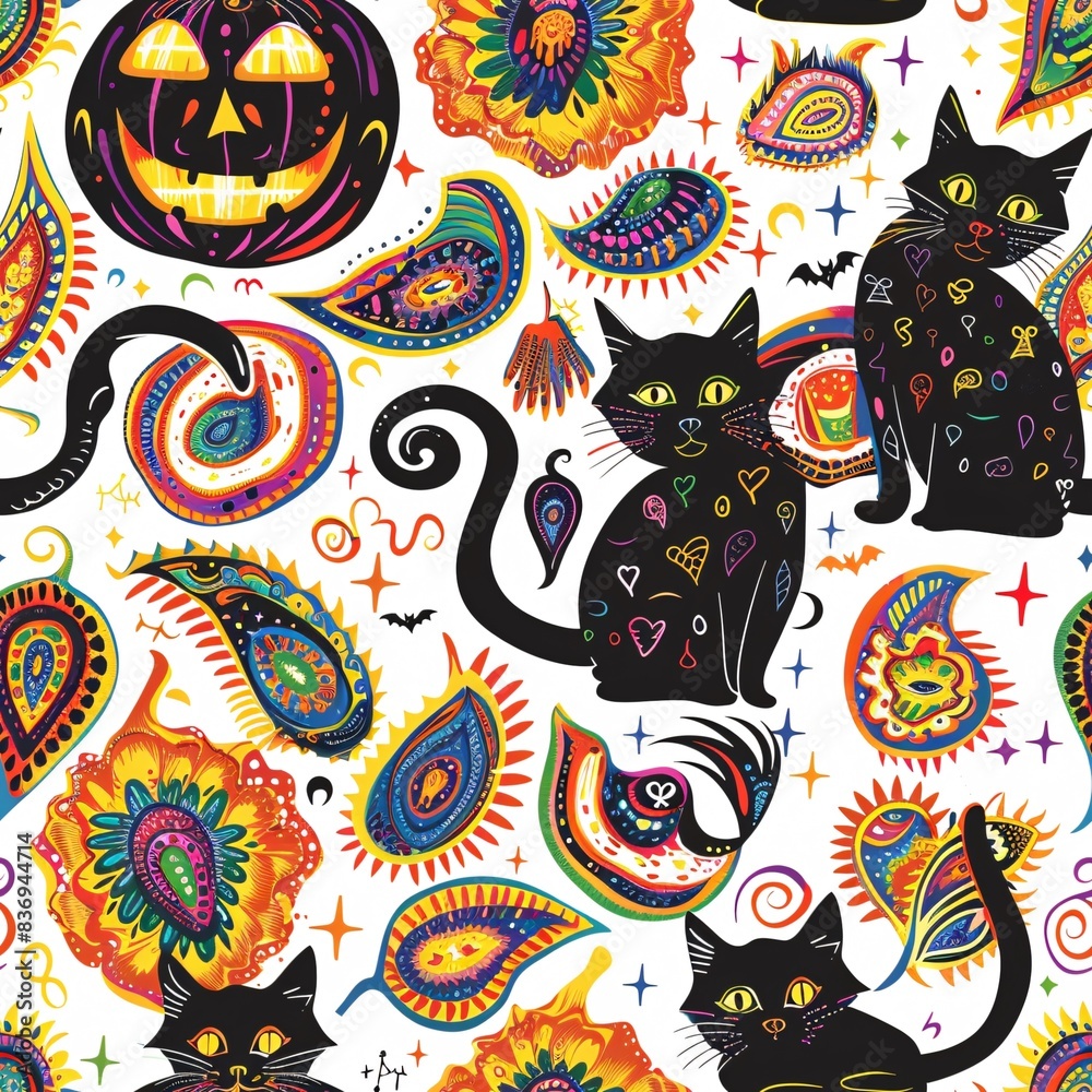 A seamless pattern with retro hippie Halloween vibes including groovy black cats, paisley pumpkins, and tie-dye cauldrons A seamless pattern with retro hippie Halloween vibes including groovy black cats, paisley pumpkins, and tie-dye cauldrons