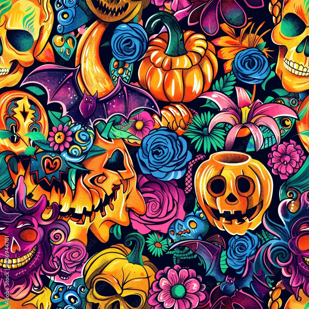 A seamless pattern showcasing detailed illustrations of hippie Halloween motifs like flower power skulls, tie-dye bats, and vintage jack-o-lanterns artistically intertwined for a cohesive layout A seamless pattern showcasing detailed illustrations of hippie Halloween motifs like flower power skulls, tie-dye bats, and vintage jack-o-lanterns artistically intertwined for a cohesive layout