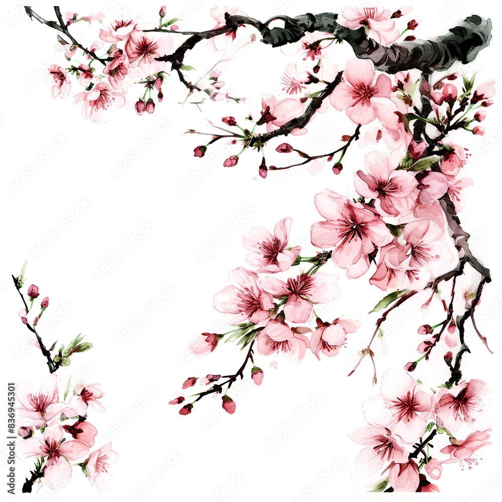 Elegant Watercolor Sakura Frame: Delicate cherry blossom branches artfully painted, ideal for enhancing invitations or spring-themed projects. Elegant Watercolor Sakura Frame: Delicate cherry blossom branches artfully painted, ideal for enhancing invitations or spring-themed projects.