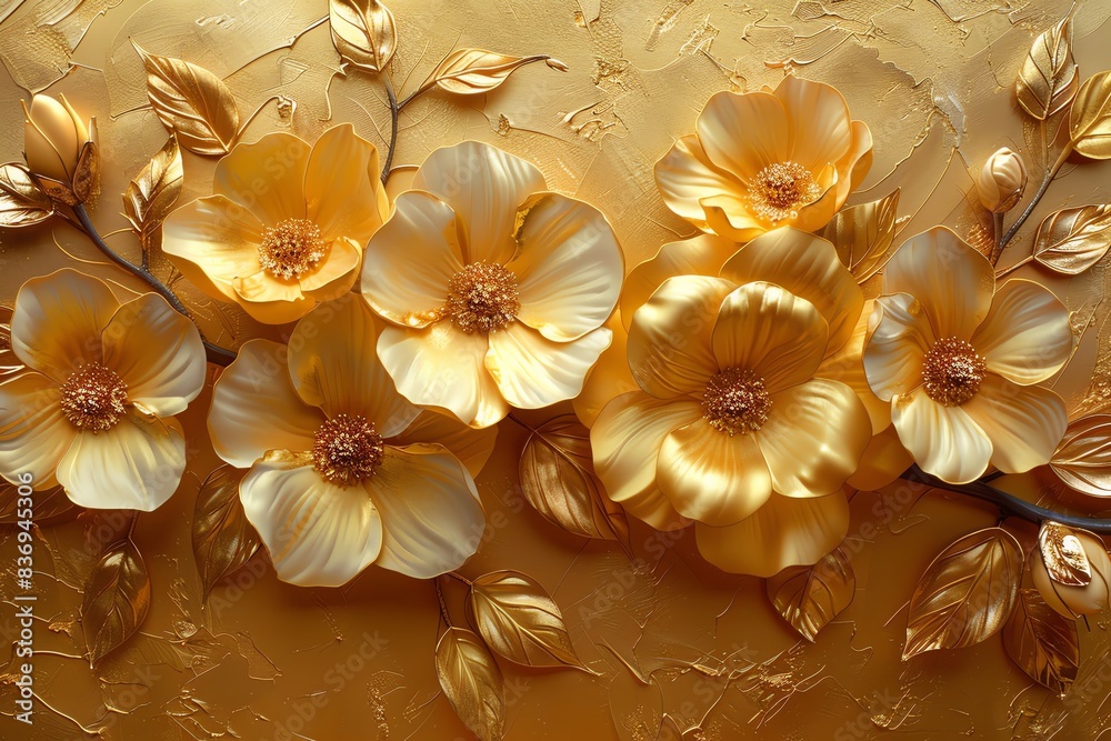 Beautiful golden floral artwork with intricate details, featuring large blooming flowers and leaves on a textured background. Beautiful golden floral artwork with intricate details, featuring large blooming flowers and leaves on a textured background.