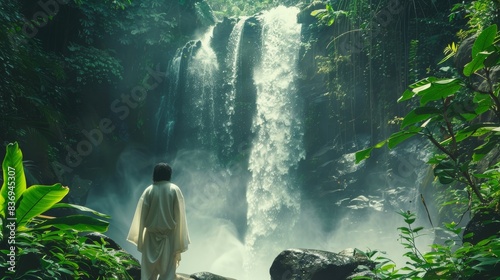 Fototapeta Naklejka Na Ścianę i Meble -  A person wearing a white robe, standing under a gentle waterfall in a lush, green forest, symbolizing purification and connection with nature.