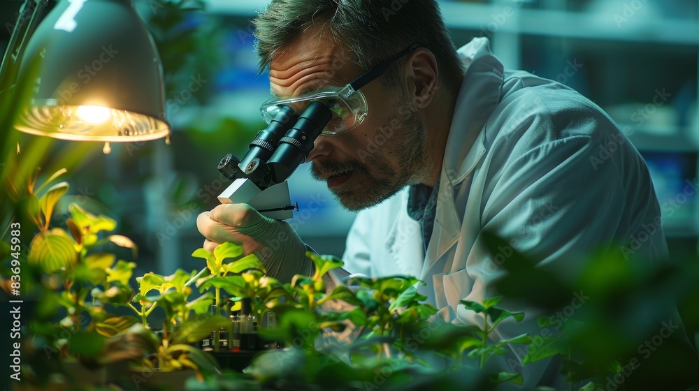A scientist in a lab, examining a plant specimen under a microscope to study the process of photosynthesis at a cellular level. A scientist in a lab, examining a plant specimen under a microscope to study the process of photosynthesis at a cellular level.