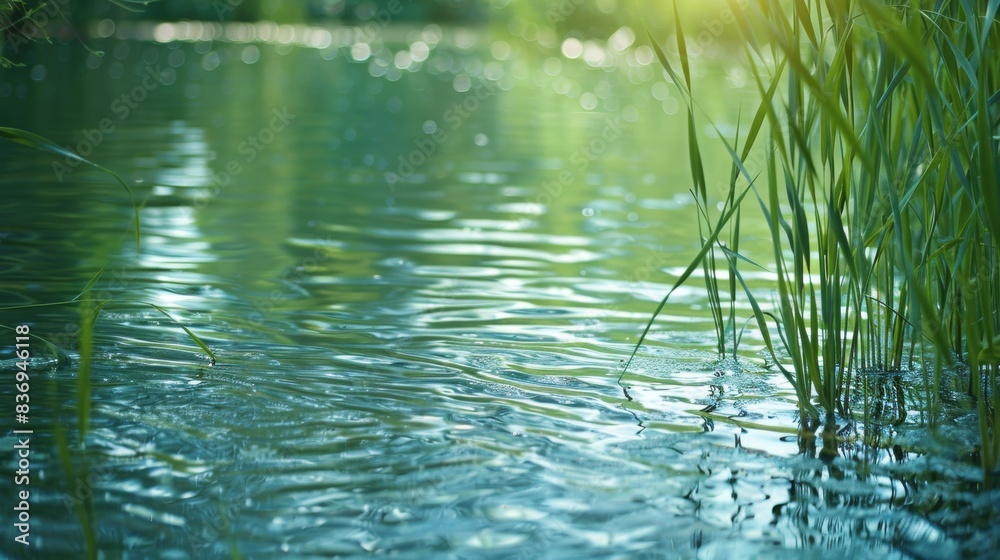 A serene lakeside scene with tall reeds and water plants, reflecting in the calm water and creating a peaceful, natural setting. A serene lakeside scene with tall reeds and water plants, reflecting in the calm water and creating a peaceful, natural setting.