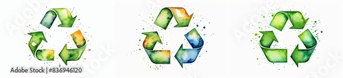 Watercolour drawing of the recycling sign on a white background 