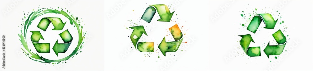 Obraz premium Watercolour drawing of the recycling sign on a white background 