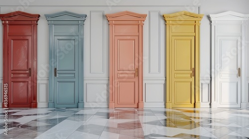 3D rendering of a multi-color door collection in various styles
