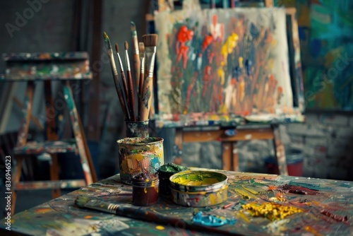 Artist's studio scene featuring a vivid paint palette, brushes, and a colorful canvas