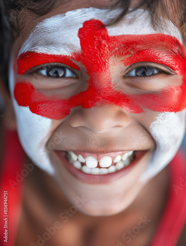 Happy child with red and white face paint, festive celebration