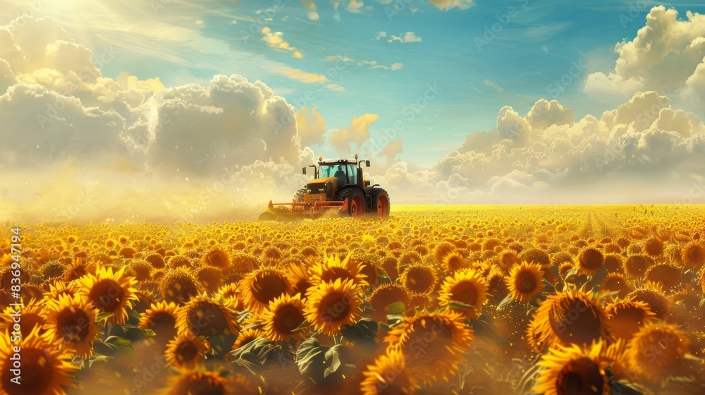 Fototapeta premium A tractor plowing a field of sunflowers under a clear blue sky, with dust rising behind it in the golden sunlight.