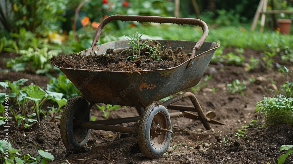 A wheelbarrow filled with aged compost, ready to be spread over a vegetable garden, highlighting the benefits of using compost to enrich soil. A wheelbarrow filled with aged compost, ready to be spread over a vegetable garden, highlighting the benefits of using compost to enrich soil.