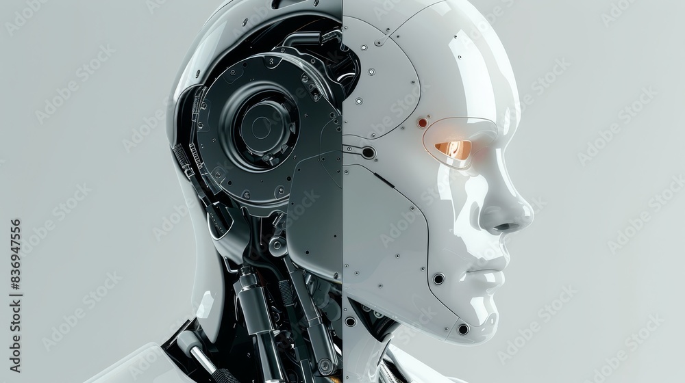 Closeup of a futuristic robot face with a mix of mechanical and humanoid features, illustrating advanced artificial intelligence and robotics. Closeup of a futuristic robot face with a mix of mechanical and humanoid features, illustrating advanced artificial intelligence and robotics.