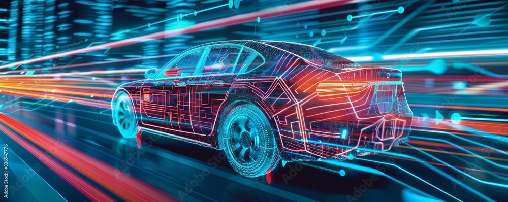 Futuristic car with digital lines, representing speed and technology, racing through a neon-lit cityscape. Concept of modern automotive innovation.