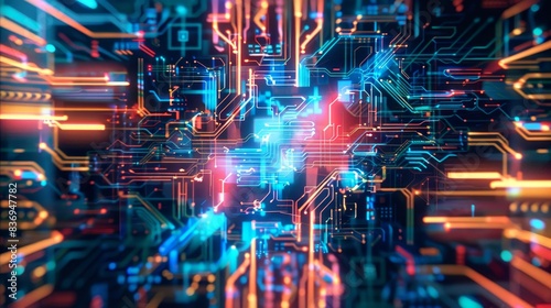 Futuristic circuit board with vibrant neon lights, representing advanced technology and innovation in a digital environment.
