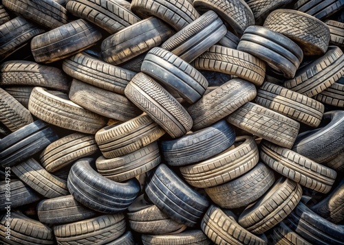 Old tires stacked in a textured heap pattern, tires, heap, stack, pattern, texture, rubber, recycling, waste, reuse, eco-friendly, industrial, background, landscape, automotive, used