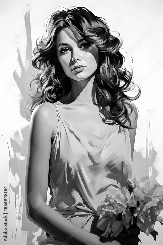 Fototapeta premium Vintage 1950s Portrait Sketch A Beautifully Rendered Illustration Capturing the Essence and Glamour of a Woman from the Golden Era, Showcasing Timeless Elegance and Classic Style Wallpaper Digital Art