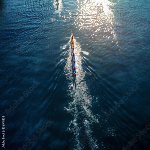 Aerial view of dAerial view of a rowing team on a calm lake ragon boat racing team in blue water photo