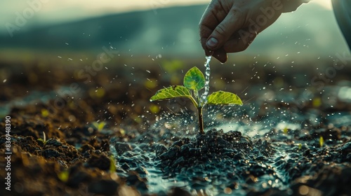 A young tree sapling planted in a field, with a person gently watering it, illustrating the nurturing process of growth and regeneration.