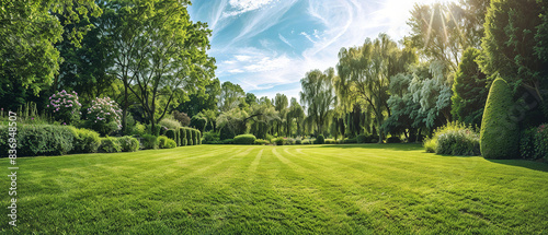 Manicured Lush, well maintained garden bathed in sunlight features vibrant green grass and a variety of trees and shrubs, Wide format image shot