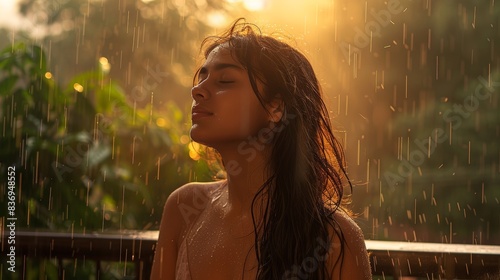 A young woman standing on a balcony, eyes closed, enjoying the fresh, clean air after a rain shower, with wet leaves glistening in the sunlight.