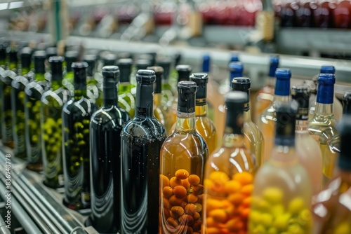 Various types of alcoholic drinks in bottles lined up in a row