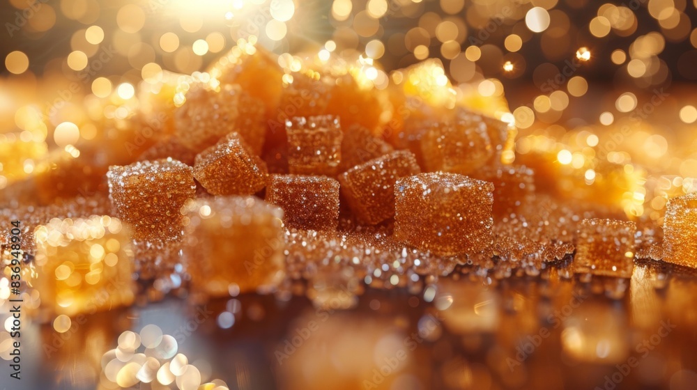 The image depicts several cube-shaped pieces of sugar, with granulated sugar scattered around them. The sugar cubes have a golden-brown color, suggesting they might be made of unrefined or brown sugar The image depicts several cube-shaped pieces of sugar, with granulated sugar scattered around them. The sugar cubes have a golden-brown color, suggesting they might be made of unrefined or brown sugar