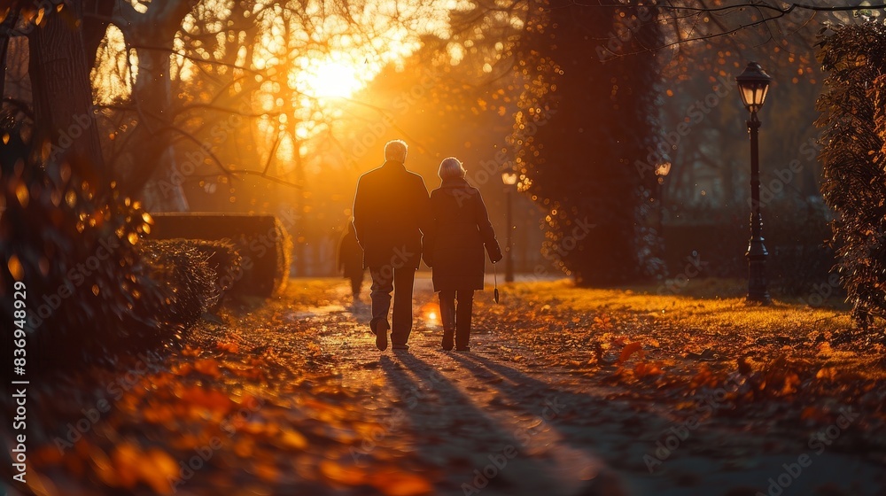 An elderly couple walking hand in hand along a path in a park, with the sun setting behind them and casting a warm glow over the scene. An elderly couple walking hand in hand along a path in a park, with the sun setting behind them and casting a warm glow over the scene.