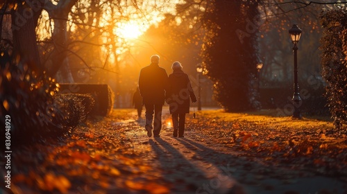 An elderly couple walking hand in hand along a path in a park  with the sun setting behind them and casting a warm glow over the scene.