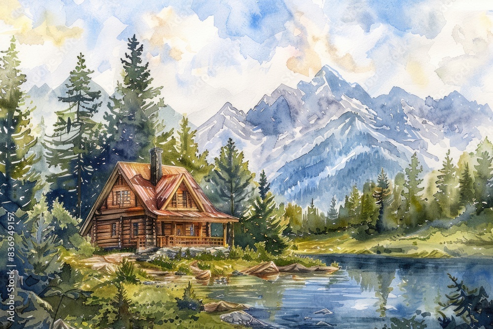 Naklejka premium Hand-drawn Watercolor Illustration of Charming Countryside House by River and Mountains