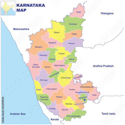 Detailed vector Illustration of Karnataka map District map with neighbour