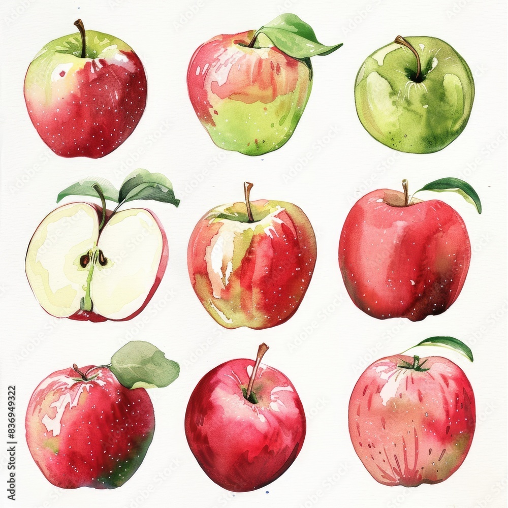 Hand-drawn Watercolor Illustration of Various Ripe Apples in Red and Green Tones Hand-drawn Watercolor Illustration of Various Ripe Apples in Red and Green Tones