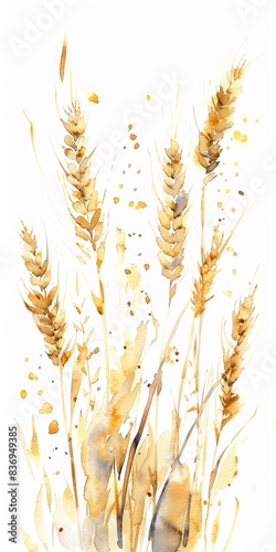 Hand-drawn Watercolor Wheat Ears on White Background for Organic Food Concept