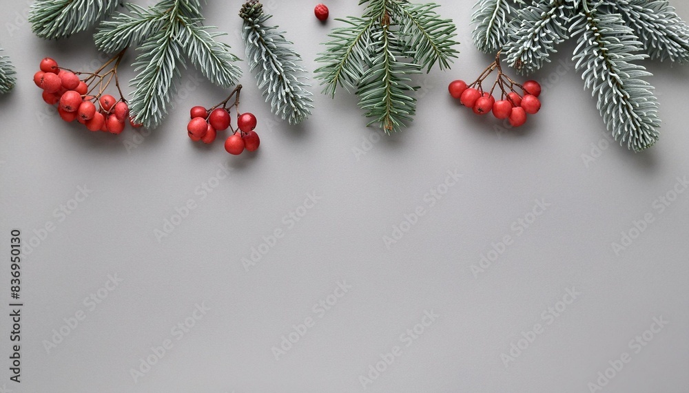 A stylish minimalistic background with fir tree branches and hawthorn A stylish minimalistic background with fir tree branches and hawthorn