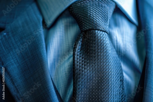 Close Up Fabric. Detail of Blue Suit Jacket with Light Blue Shirt and Black Tie. Tailoring Business Attire