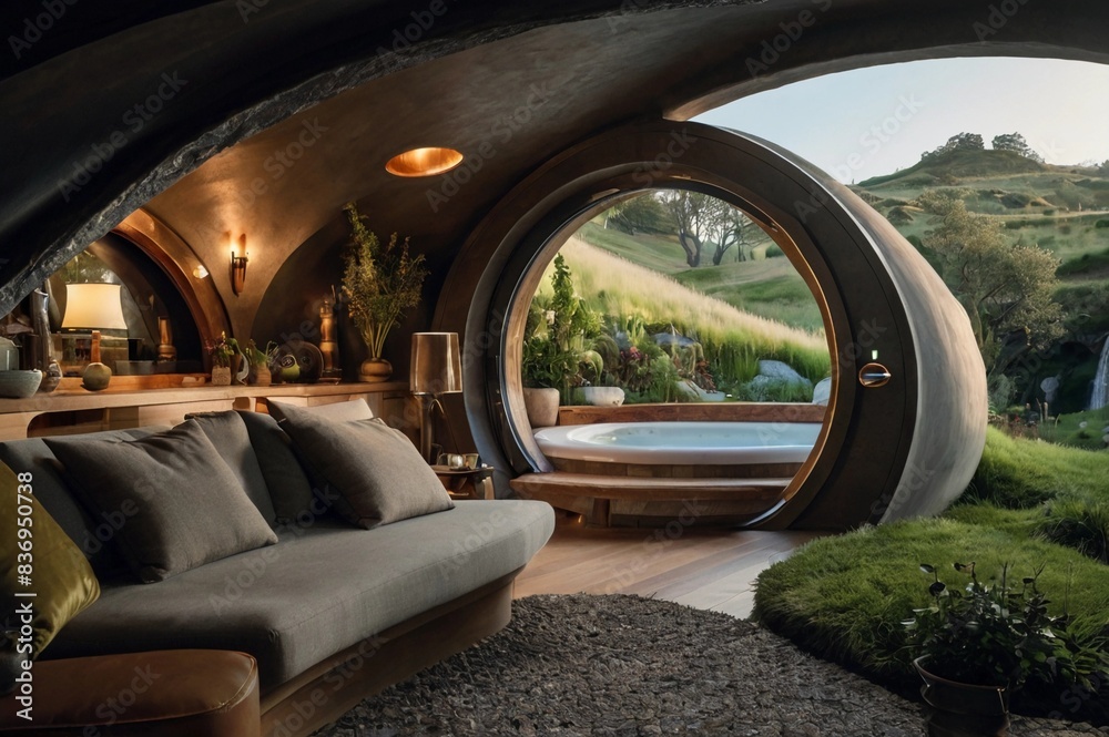 Modern high-tech interiors of an advanced Hobbit dwelling, featuring minimalist design and smart home amenities, combining cozy charm and sleek functionality Modern high-tech interiors of an advanced Hobbit dwelling, featuring minimalist design and smart home amenities, combining cozy charm and sleek functionality