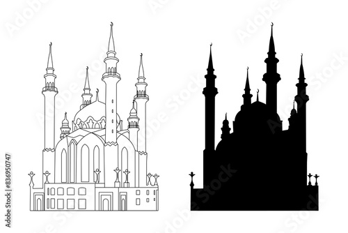 Vector illustration of the outline and silhouette of the Kul Sharif Mosque in Kazan on a white background. A landmark of Tatarstan, Russia.