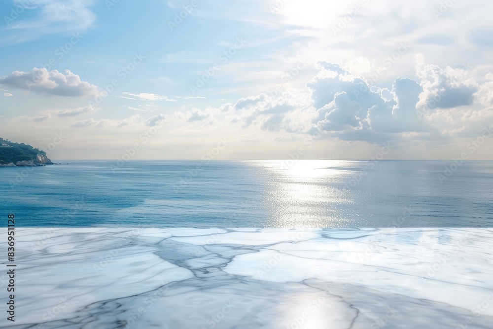 White marble table with sky and sea background for product display. White marble table with sky and sea background for product display.