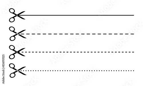 Set of cut scissor. Cutting paper on border and line. Cut scissor on paper. Vector 10 Eps.