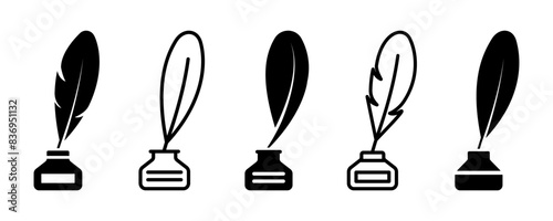 Set of feather with inkwell vector icons. Nib and inkstand. Old vintage pen. Vector 10 Eps.