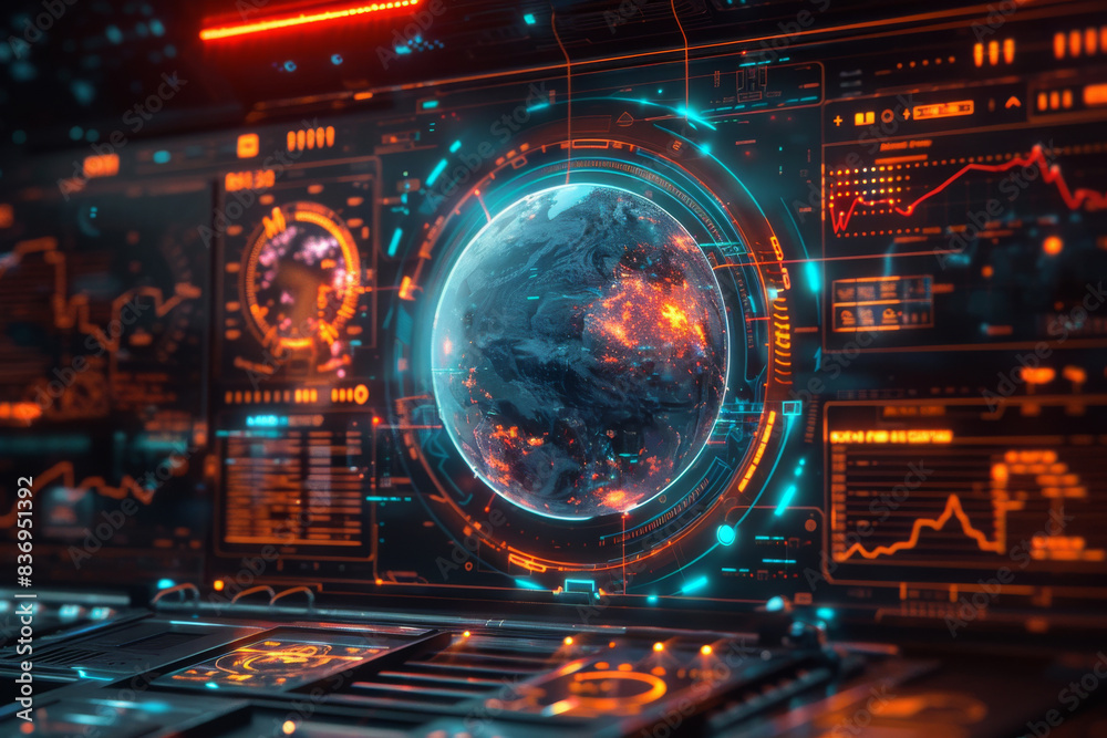 Holographic display showing Earth details on futuristic dashboard sci-fi elements Holographic display showing Earth details on futuristic dashboard sci-fi elements