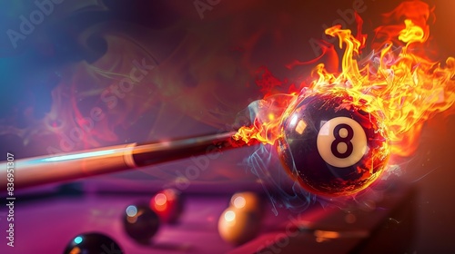 A cue and billiard ball with the number 8 depicted in flames, soaring against a colorful background. This fiery imagery captures the intensity and excitement associated with the game of billiards.  photo