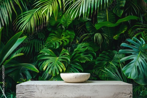 Cosmetic item on jungle themed table with tropical plants.