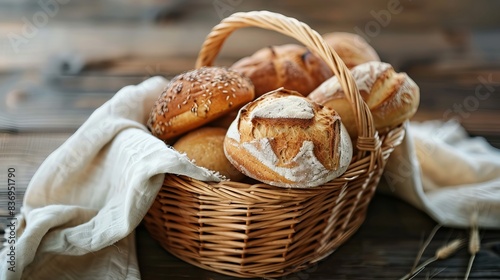 A basket filled with fresh bread on a wooden table. 