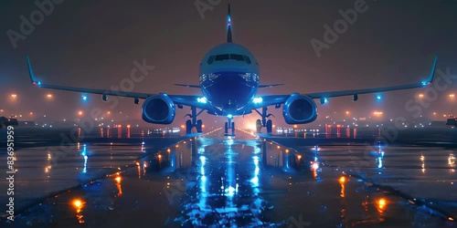 Airplane Taxiing on Runway at Night With Lights Reflecting on Wet Surface