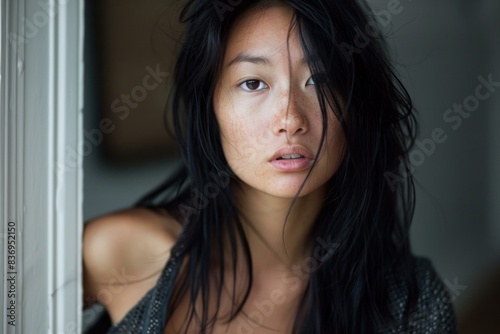 Portrait of a tranquil asian woman with natural beauty looking thoughtfully through a window © ylivdesign