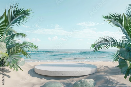 Tropical beach podium for product presentation  3D render.