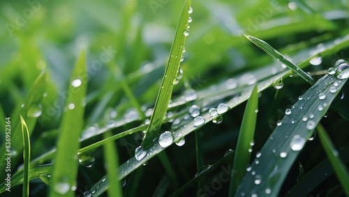 Close-up of fresh green grass with water droplets, capturing the natural beauty and freshness after a rainfall.