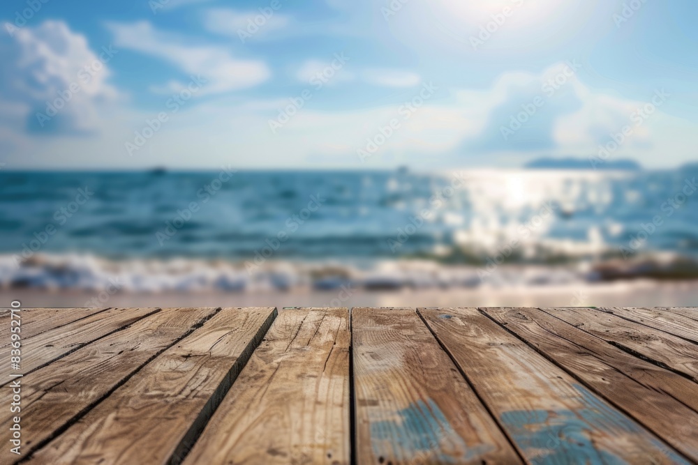 Wood table top with sea background for product display. Wood table top with sea background for product display.