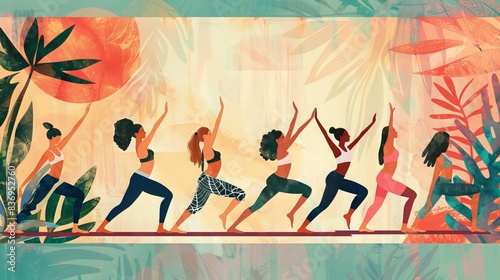 Celebrating International Yoga Day with a vector illustration design depicting a group of women practicing various yoga body postures. 