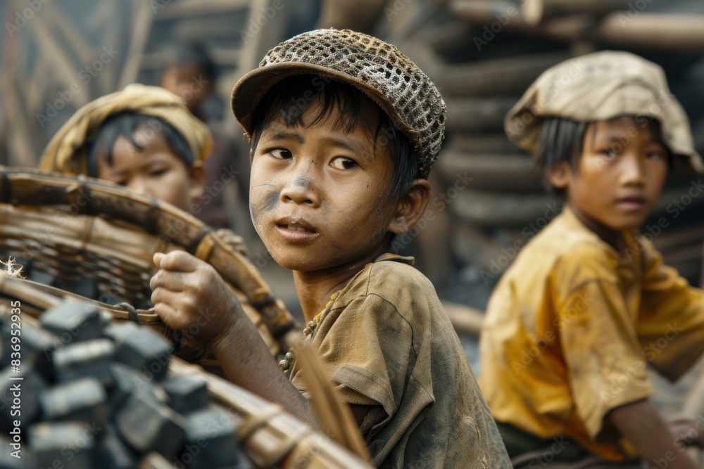 Young boys in a rural workshop engaged in manual labor, with a focus on the expression of one child Young boys in a rural workshop engaged in manual labor, with a focus on the expression of one child