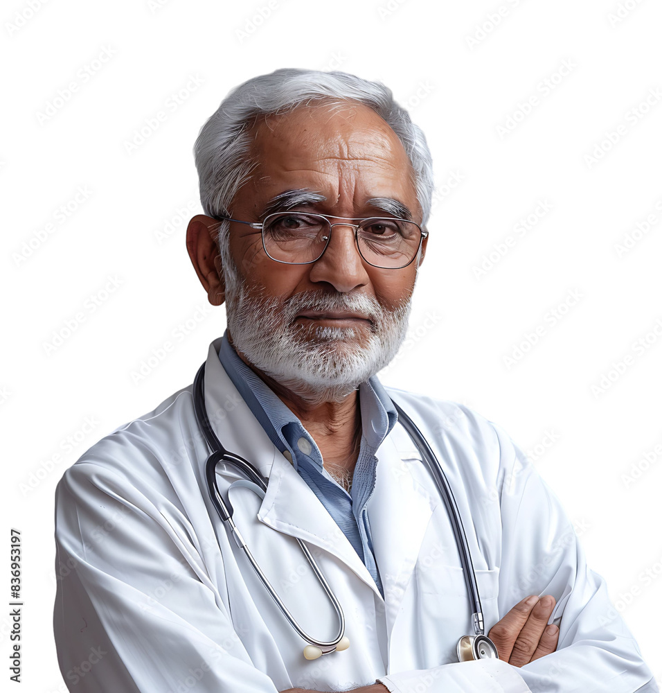 An old Pakistani male doctor on isolated transparent background